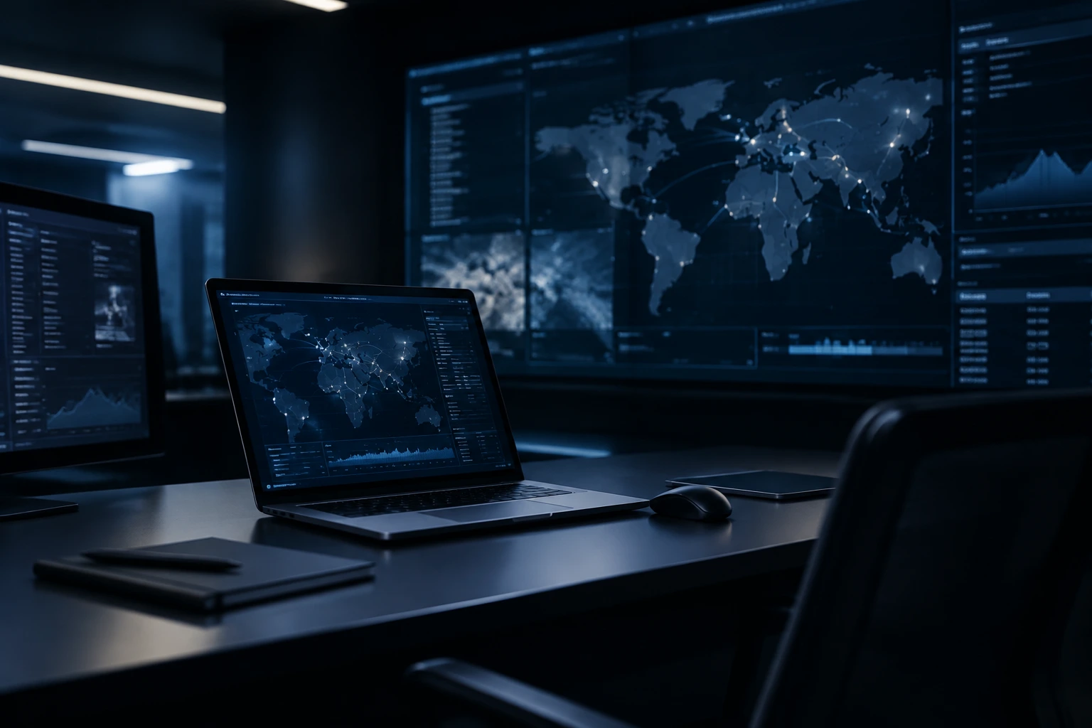 Poste de travail et écrans présentant une cartographie mondiale et des données d’analyse.