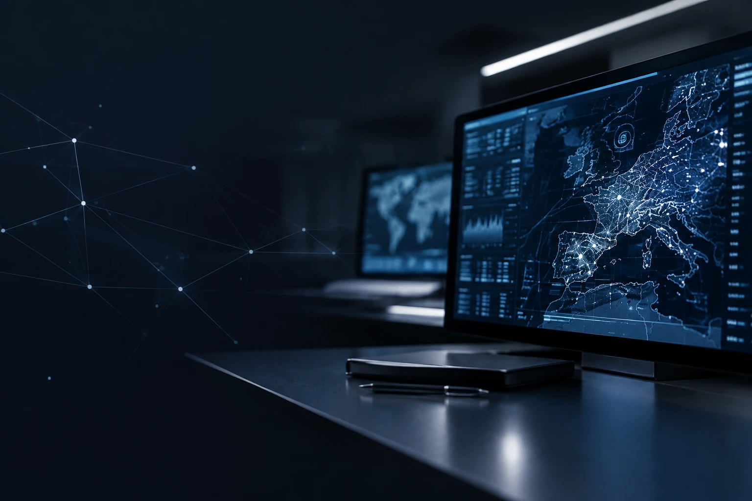 Écrans de cartographie numérique et réseau de données dans un environnement de travail technologique.